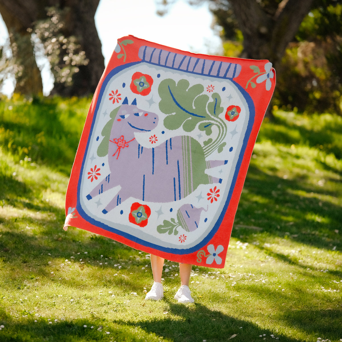 Horse 馬 Radish Tsukemono Organic Cotton Knit Blanket