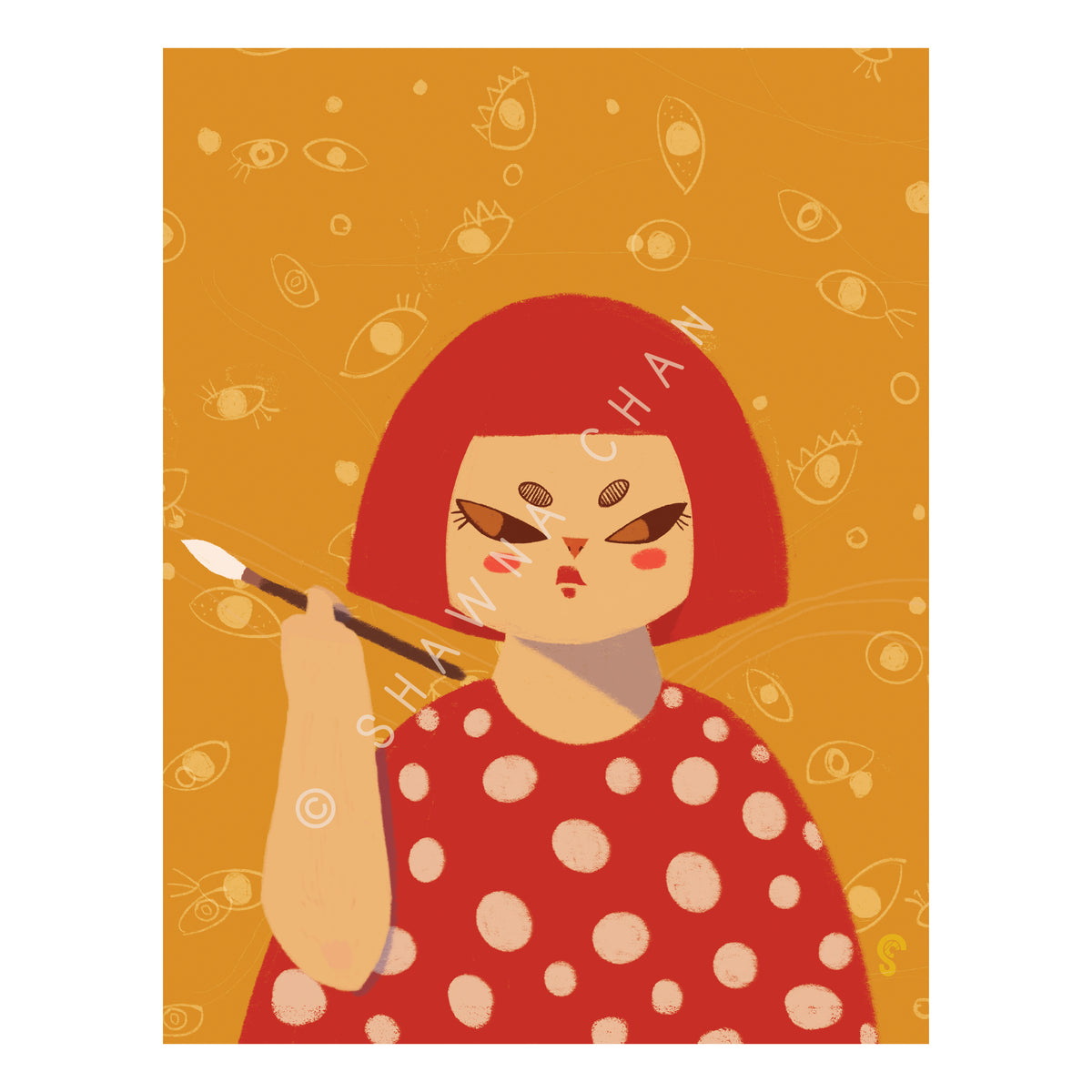 yayoi holding a paint brush on a mustard background